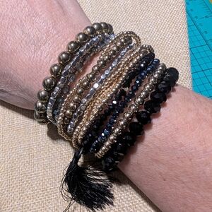 Mixed Metal Black Beaded Stretch Bracelet Stack Tassel Layered Boho Set